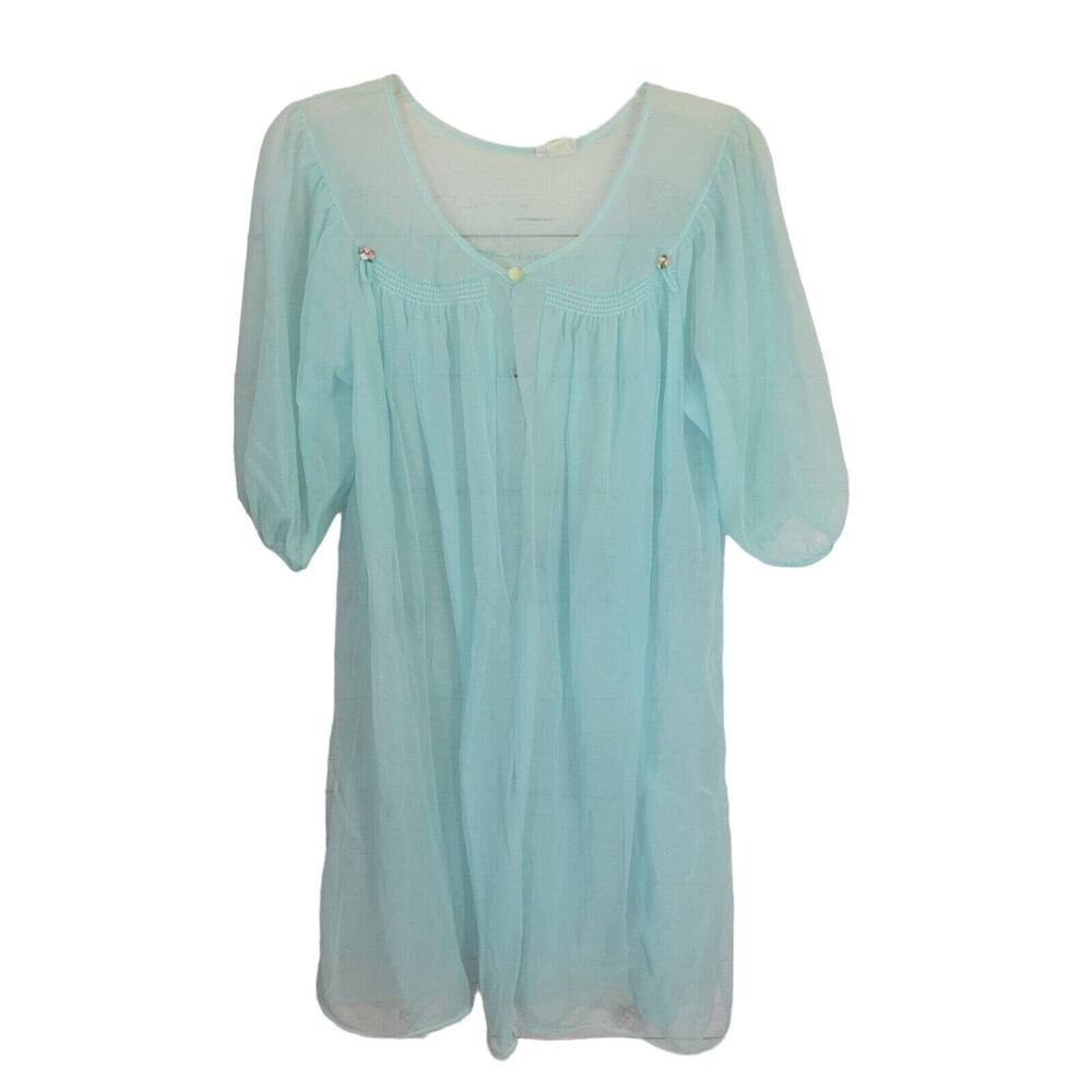 Vintage Carol Brent Blue Floral Applique Sheer Open front Robe Womens Size Large